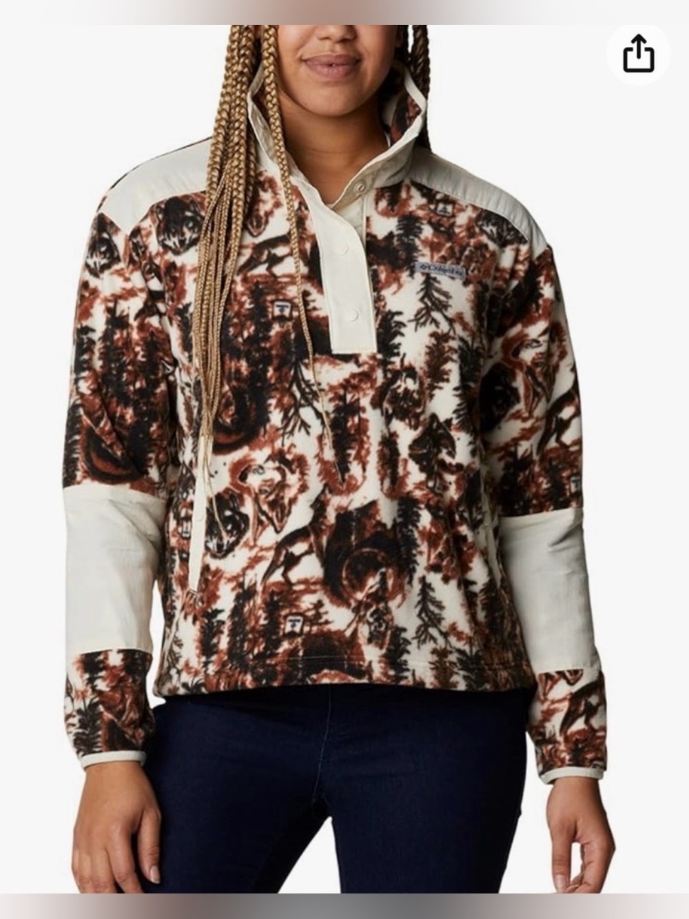 Columbia Women’s Wolf Brown and Cream Printed Fleece Snap-Pullover, sz 2X